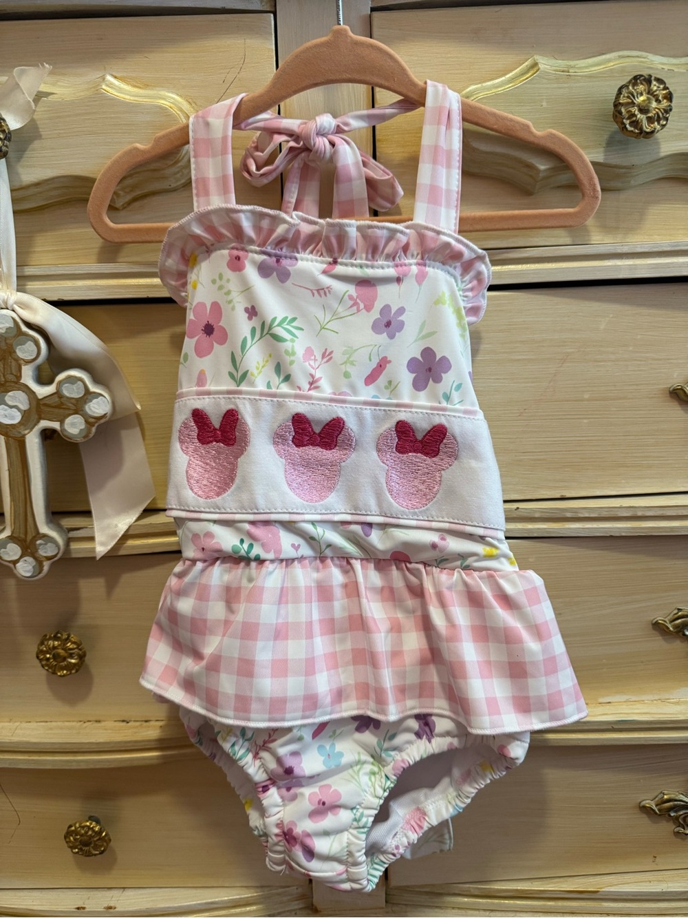 Abby & Evie Pink Floral Baby Girl Swimsuit with Minnie Appliqués